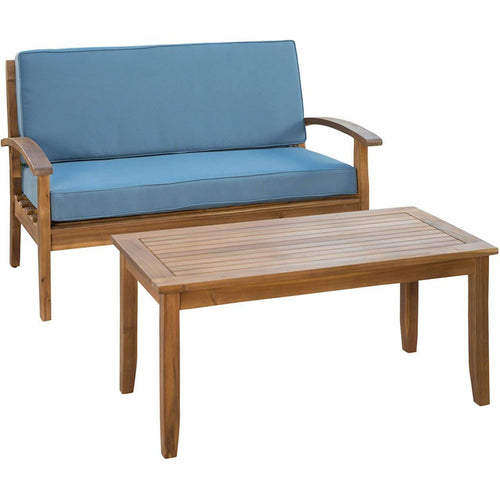 Outdoor Teak Style Acacia Wood Loveseat & Coffee Table with Blue Cushions