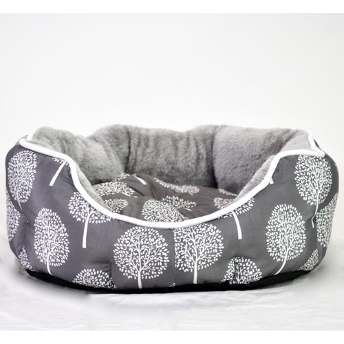 Pet Bed w/ Reversible Cushion Small Grey Tree Print