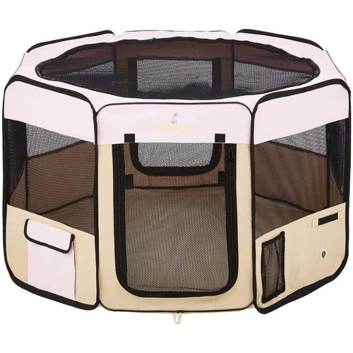 Zampa Large Portable Foldable Pet Playpen With Carrying Bag Pink/Beige