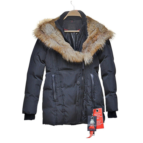 ATELIER NOIR CARLA Rabbit Fur Trim Down Coat Jacket Parka Small Black