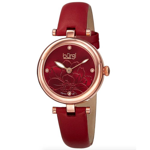 Burgi BUR128RD Embossed Flower Diamond Dial Genuine Leather Strap Watch