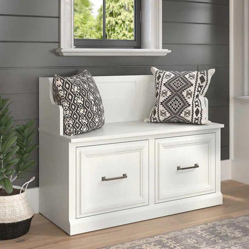 Bush Woodland Modern Entryway Bench with Doors White