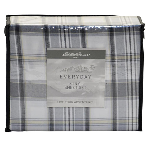 Eddie Bauer Everday Cotton Percale Sheet Set King -Chinook Plaid Gray/Ivory