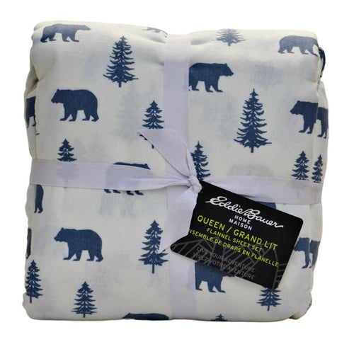 Eddie Bauer Home Flannel Sheet Set Ivory/Blue Bear & Trees Print Queen