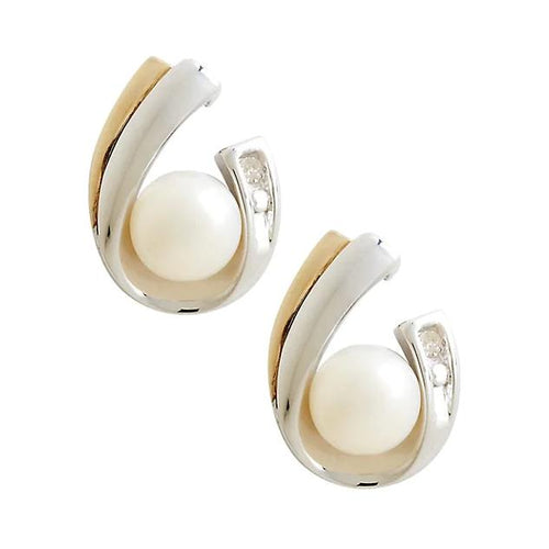 Fine Jewellery 14K Yellow Gold Sterling Silver Diamond & 5mm Pearl Earrings