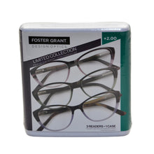 Load image into Gallery viewer, Foster Grant Design Optics Women&#39;s Cat Eye Plastic Reading Glasses 3-Pk +2.00
