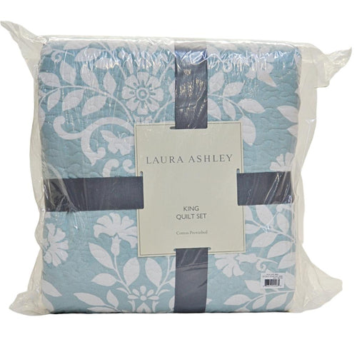 Laura Ashley Rowland Cotton Reversible 3 Piece Quilt Set King - Light Blue