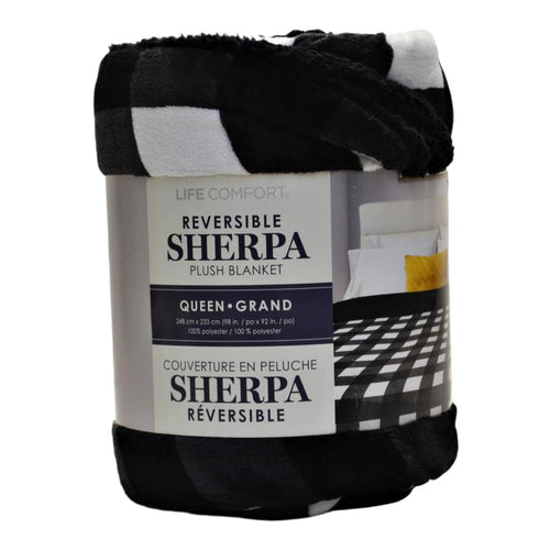 Life Comfort Reversible Plush Sherpa Blanket Checkered Black&White Queen