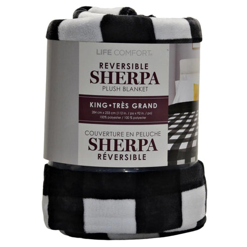 Life Comfort Reversible Sherpa Plush Blanket - King Black/White Checker