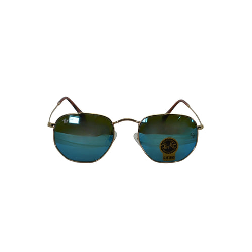 Ray-Bans Hexagonal Frame Unisex Sunglasses - RB3548N Polished Gold Frame Green Lenses with Blue Mirror