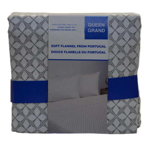 Soft Flannel from Portugal 4 Piece Sheet Set Queen Cream with Taupe Print