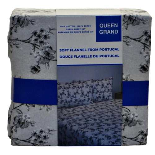 Soft Flannel from Portugal Sheet Set 4-Piece Queen Gray Floral