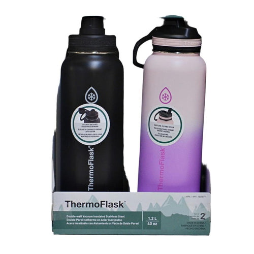 ThermoFlask 2 Pack hot/cold flasks w/ Spout Lids and Straw Lids 1.2L - Black, Pink/Purple