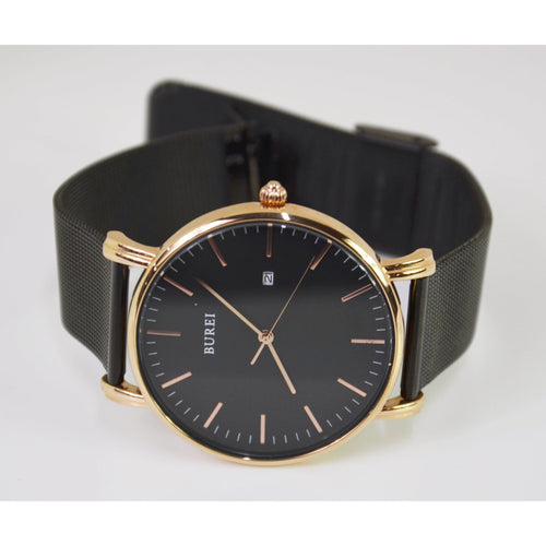 Burei Men's Wrist Watch with Stainless Steel Mesh Band Black and Rose Gold-Sale-Liquidation Nation
