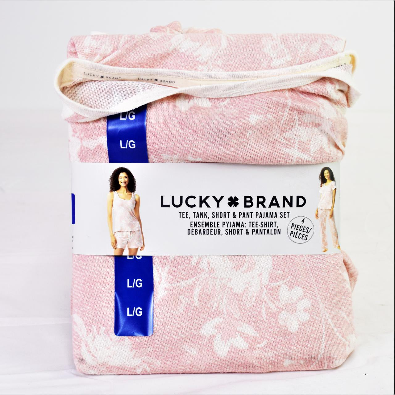Lucky Brand Tee, Tank, Short & Pant Pajama Set Pink Floral 4Pc - L