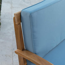 Load image into Gallery viewer, Outdoor Teak Style Acacia Wood Loveseat &amp; Coffee Table with Blue Cushions
