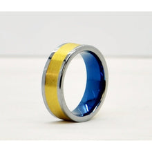 Load image into Gallery viewer, Tungsten Unisex Wedding Band 8mm Blue 18k Yellow Gold with Beveled Edge Size 10.5
