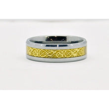 Load image into Gallery viewer, Wedding Band Men&#39;s with Celtic center inlay. Silver and Gold tones
