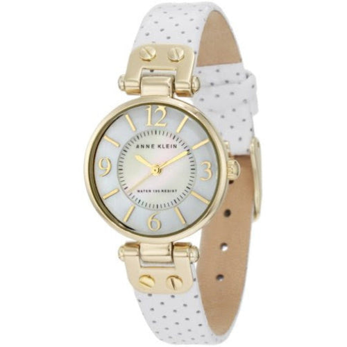 ANNE KLEIN Gold Tone Round White Perforated Strap Watch - WHITE