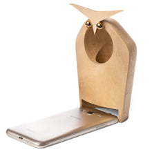 Load image into Gallery viewer, Beechwood Natural Wood Owl Speaker for Cell Phone

