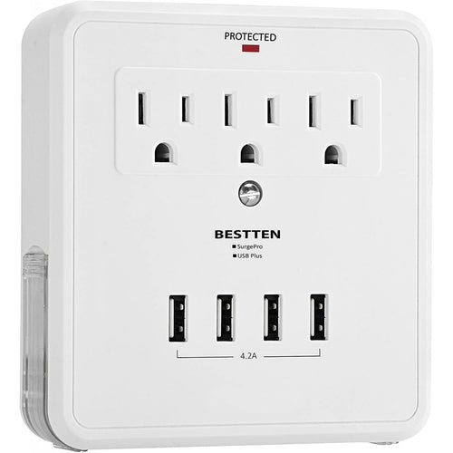 Bestten Wall Mount Surge Protector with 4 USB and 3 Electrical Outlets