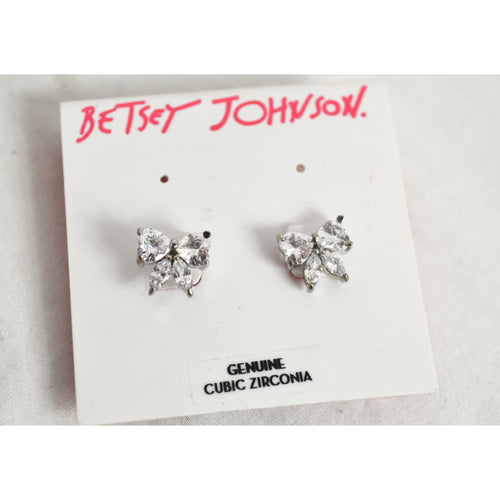Betsey Johnson Silvertone Bow Cubic Zirconia Earrings