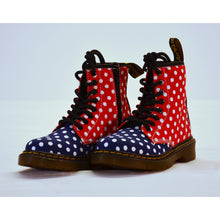 Load image into Gallery viewer, Dr Martens Delaney Kids Combat Boots Red Blue Polka Dot 12-Liquidation Store
