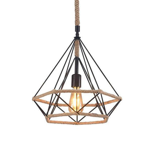 Industrial Hemp Rope Iron Wire Diamond Cage Hanging Light 15