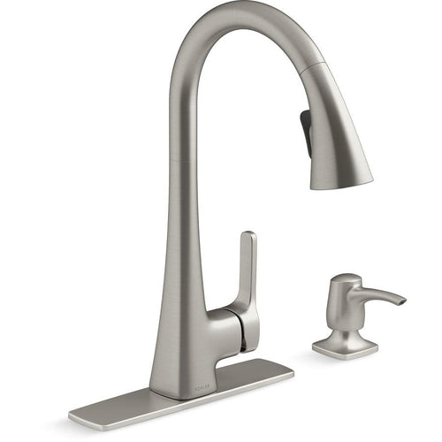 KOHLER Maxton Vibrant Stainless 1-Handle Deck-Mount Pull-Down Handle Kitchen Faucet (Deck Plate Included)