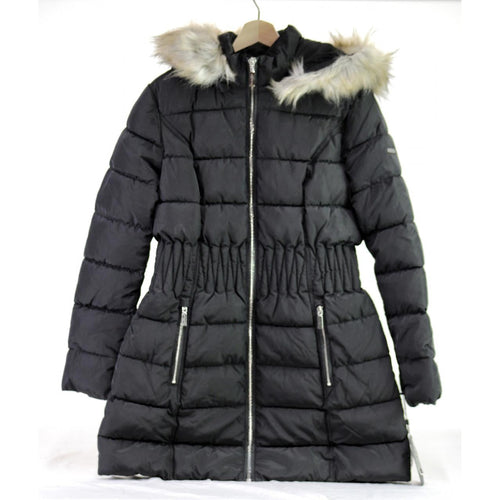 Laundry by Shelli Segal Cinched Waist Puffer Faux Fur Jacket Charcoal L