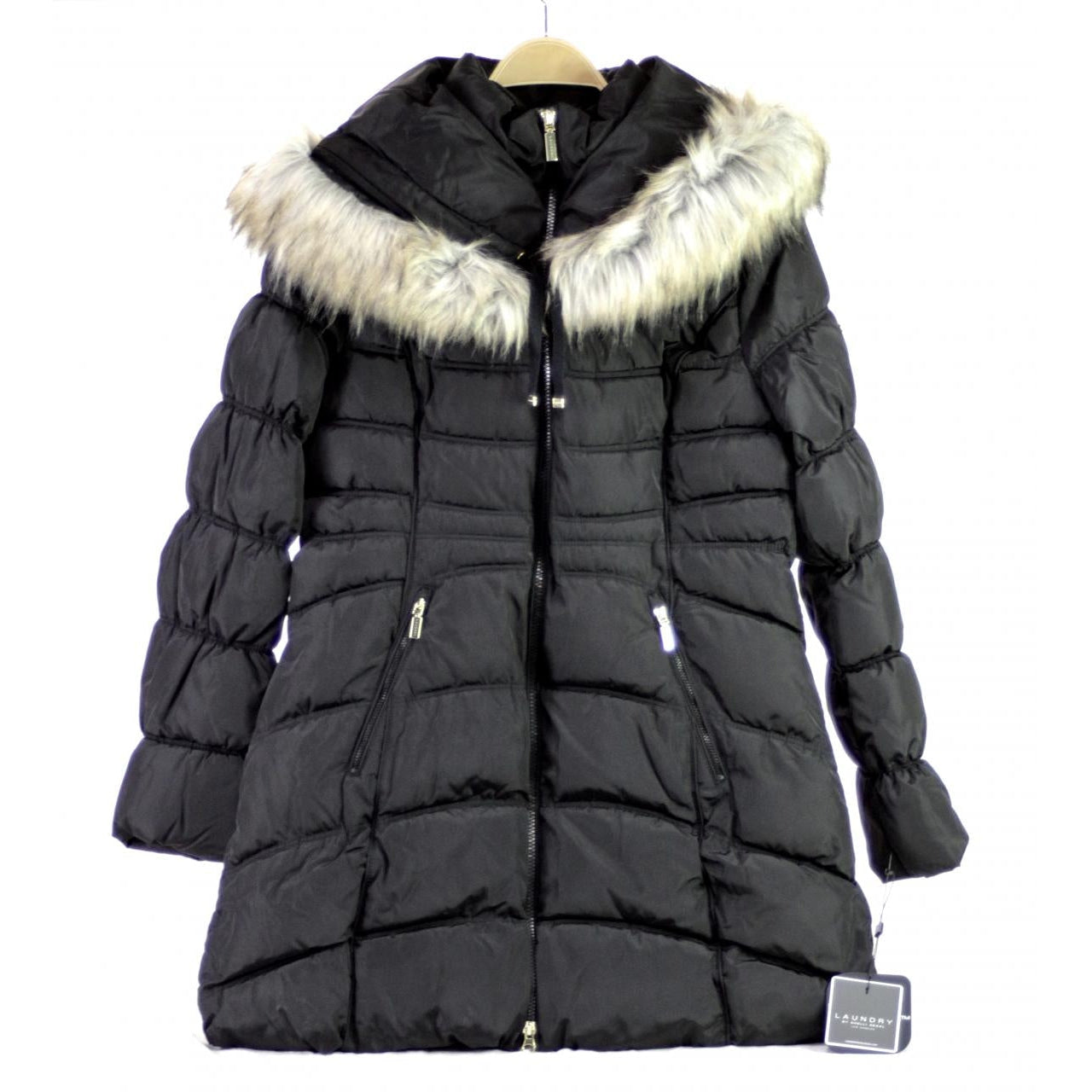 Laundry by Shelli Segal Faux Fur Trim Hooded Puffer Coat Black L ...