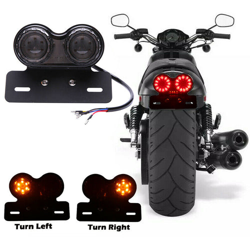 Motorcycle Twin Dual Tail Turn Signal Brake License Plate Integrated LED Lights