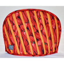 Load image into Gallery viewer, Page Quilts tea cozy orange dotted-stripe and red chili pepper pattern

