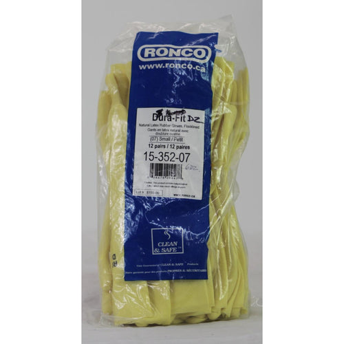 Ronco Dura Fit Natural Latex Rubber Gloves Flocklined 12 pairs Yellow S