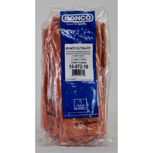 Ronco Ultra-Fit Heavy Duty Flocklined Latex Gloves 6 pairs Orange XL