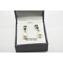 Load image into Gallery viewer, Sterling Silver Earrings 14K Gold, Diamond And Half Drill Pearl
