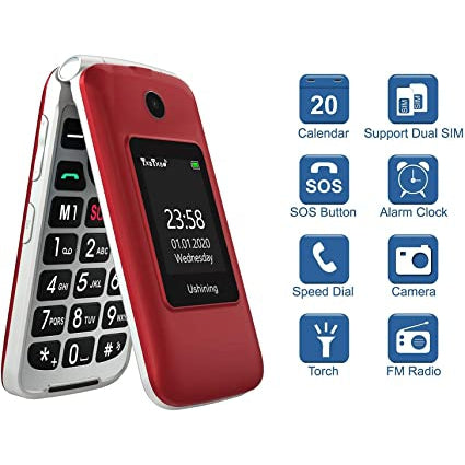 Ushining 3G Unlocked Dual SIM Card Flip Cell Phone with Charging Dock - Red