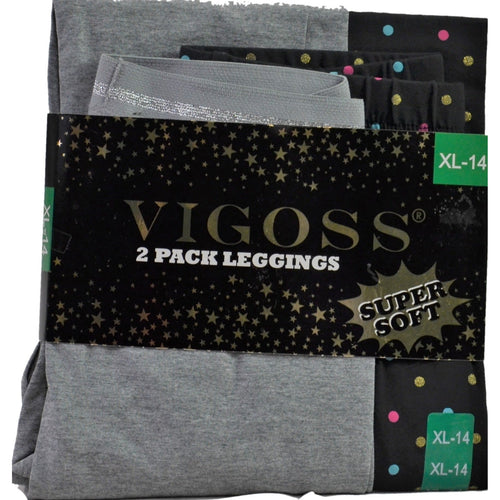 Vigoss Girl's 2 Pack Elastic Waistband Soft Cotton Leggings. Black/Grey. XL