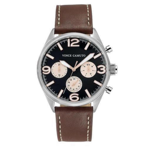 Vince Camuto Mens Watch - Black Dial - Brown Leather Strap